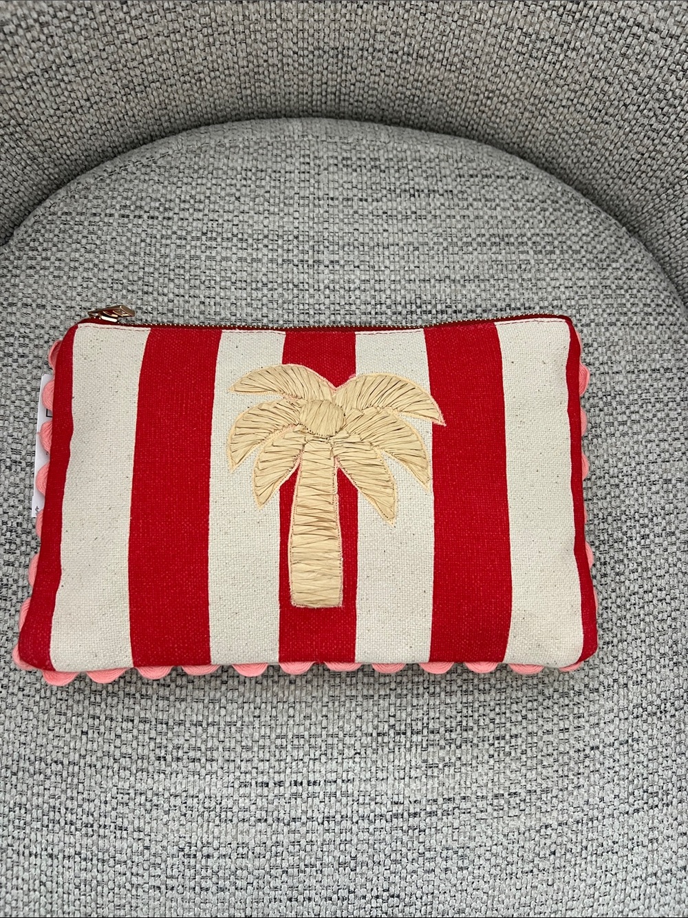 LOFT Red & Cream Striped Palm Embroidered Clutch New with tags